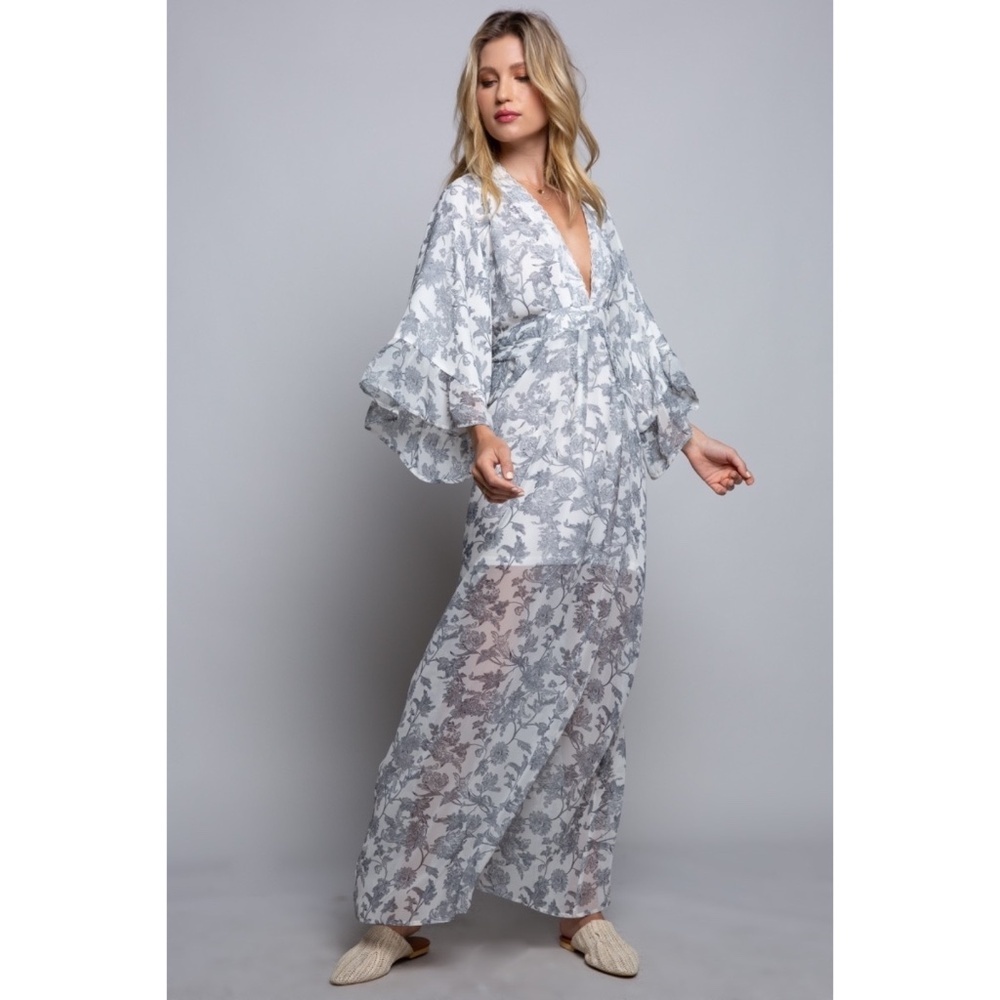 POL Gray Floral Print Plunge Neck Kimono Maxi Dress - Picture 4 of 7